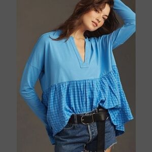 Anthropologie Pilcro Blue Babydoll Shirt Long Sleeve Grid Gingham Blouse Medium